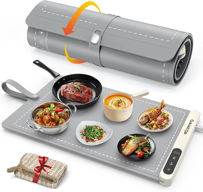 Warming Mat for Food with Heat Resistant Pad, Prevent Countertop Cracks, Keep Meal Warm, Rapid and Full Surface Heating, 6 Temp Settings, 6H Timer, Upgraded Rollable Portable Food Warmer Mat Grey