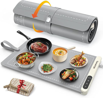 Warming Mat for Food with Heat Resistant Pad, Prevent Countertop Cracks, Keep Meal Warm, Rapid and Full Surface Heating, 6 Temp Settings, 6H Timer, Upgraded Rollable Portable Food Warmer Mat Grey