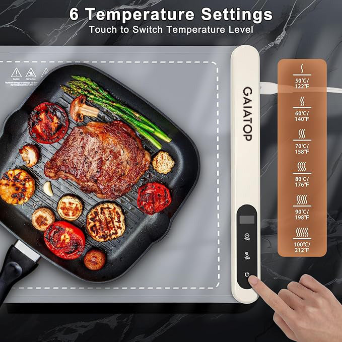 Warming Mat for Food with Heat Resistant Pad, Prevent Countertop Cracks, Keep Meal Warm, Rapid and Full Surface Heating, 6 Temp Settings, 6H Timer, Upgraded Rollable Portable Food Warmer Mat Grey