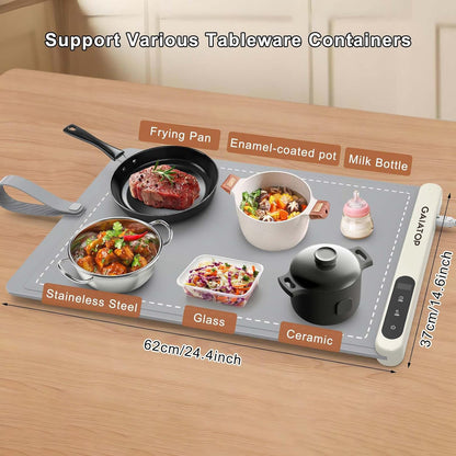 Warming Mat for Food with Heat Resistant Pad, Prevent Countertop Cracks, Keep Meal Warm, Rapid and Full Surface Heating, 6 Temp Settings, 6H Timer, Upgraded Rollable Portable Food Warmer Mat Grey