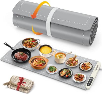 Warming Mat for Food with Heat Resistant Pad, Prevent Countertop Cracks, Keep Meal Warm, Rapid and Full Surface Heating, 6 Temp Settings, 6H Timer, Upgraded Rollable Portable Food Warmer Mat Grey