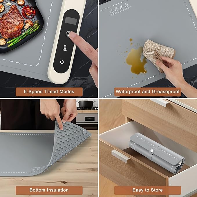 Warming Mat for Food with Heat Resistant Pad, Prevent Countertop Cracks, Keep Meal Warm, Rapid and Full Surface Heating, 6 Temp Settings, 6H Timer, Upgraded Rollable Portable Food Warmer Mat Grey
