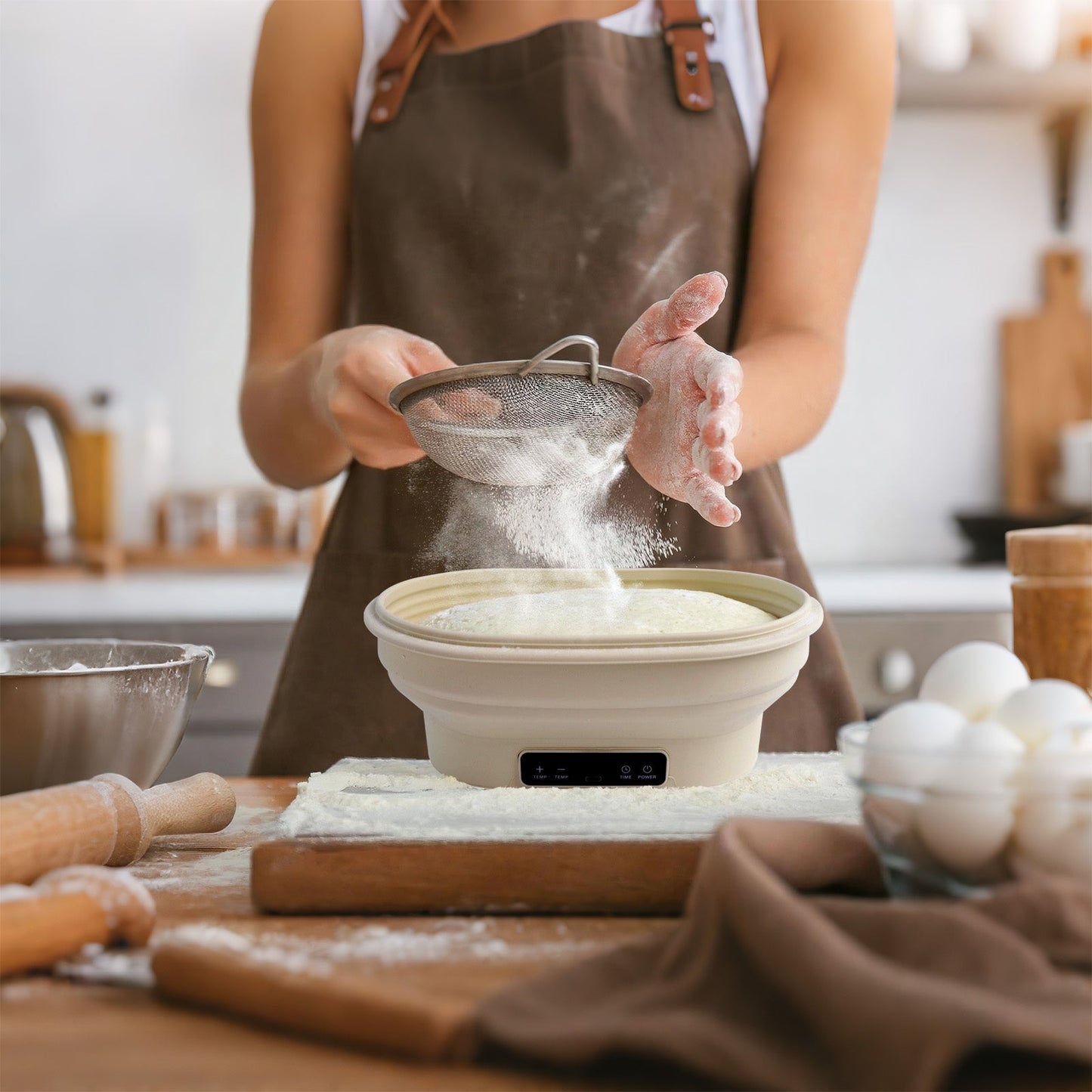 Heated Sourdough Bread Fermentation Basket, Electric Constant Temperature Silicone Batter Bowl, Banneton Baking Supplies, 2L Round Foldable Fermentation Bowl, White - coldsohard