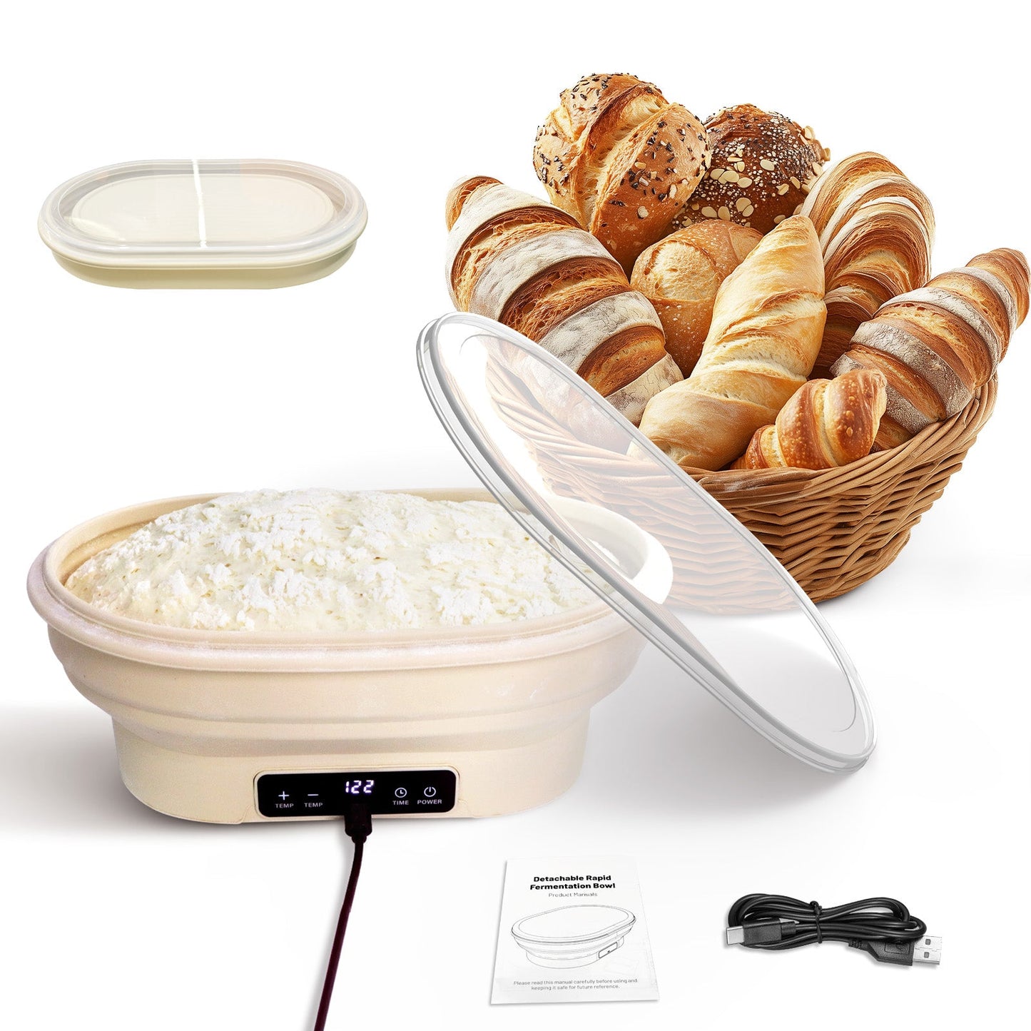 Heated Sourdough Bread Fermentation Basket, Electric Constant Temperature Silicone Batter Bowl, Banneton Baking Supplies, 2L Round Foldable Fermentation Bowl, White - coldsohard