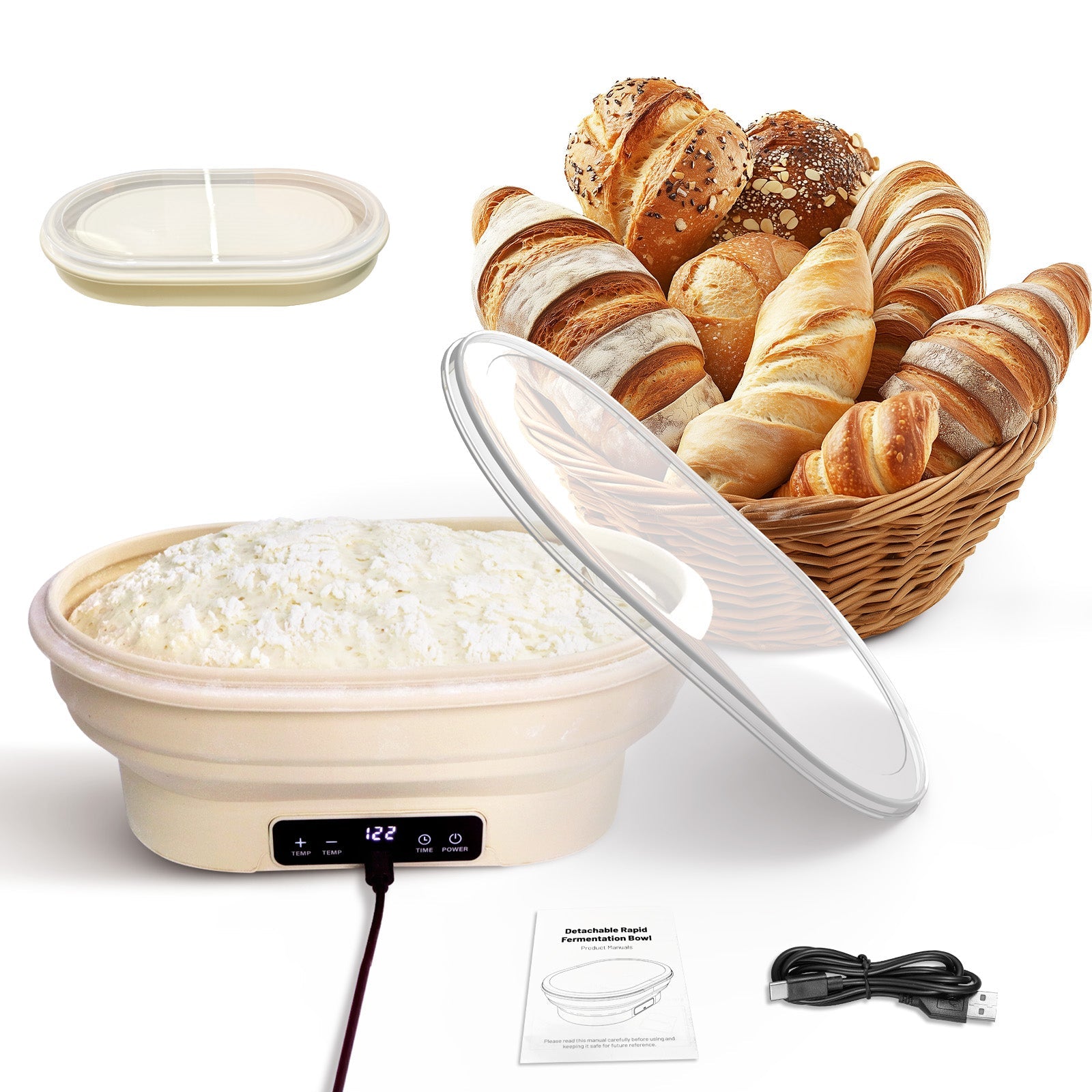 Heated Sourdough Bread Fermentation Basket, Electric Constant Temperature Silicone Batter Bowl, Banneton Baking Supplies, 2L Round Foldable Fermentation Bowl, White - coldsohard